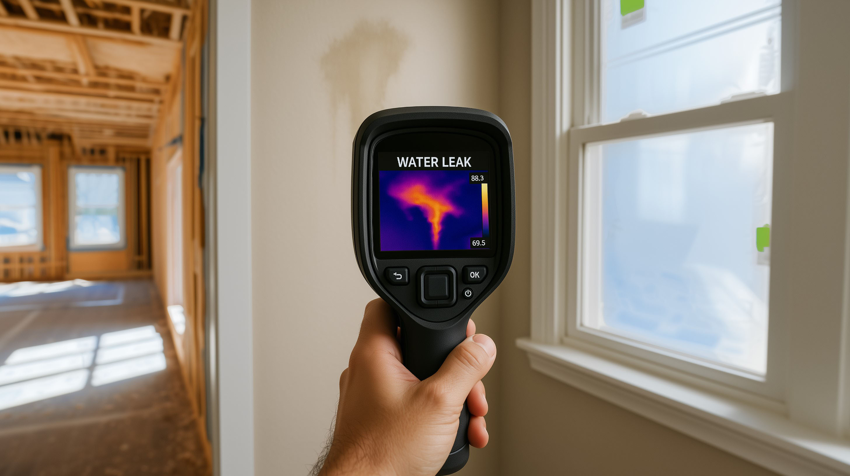 Technician using thermal imaging camera and digital moisture meter to detect temperature to locate water leaks in structure or materials after heavy rain non-invasive leak detection