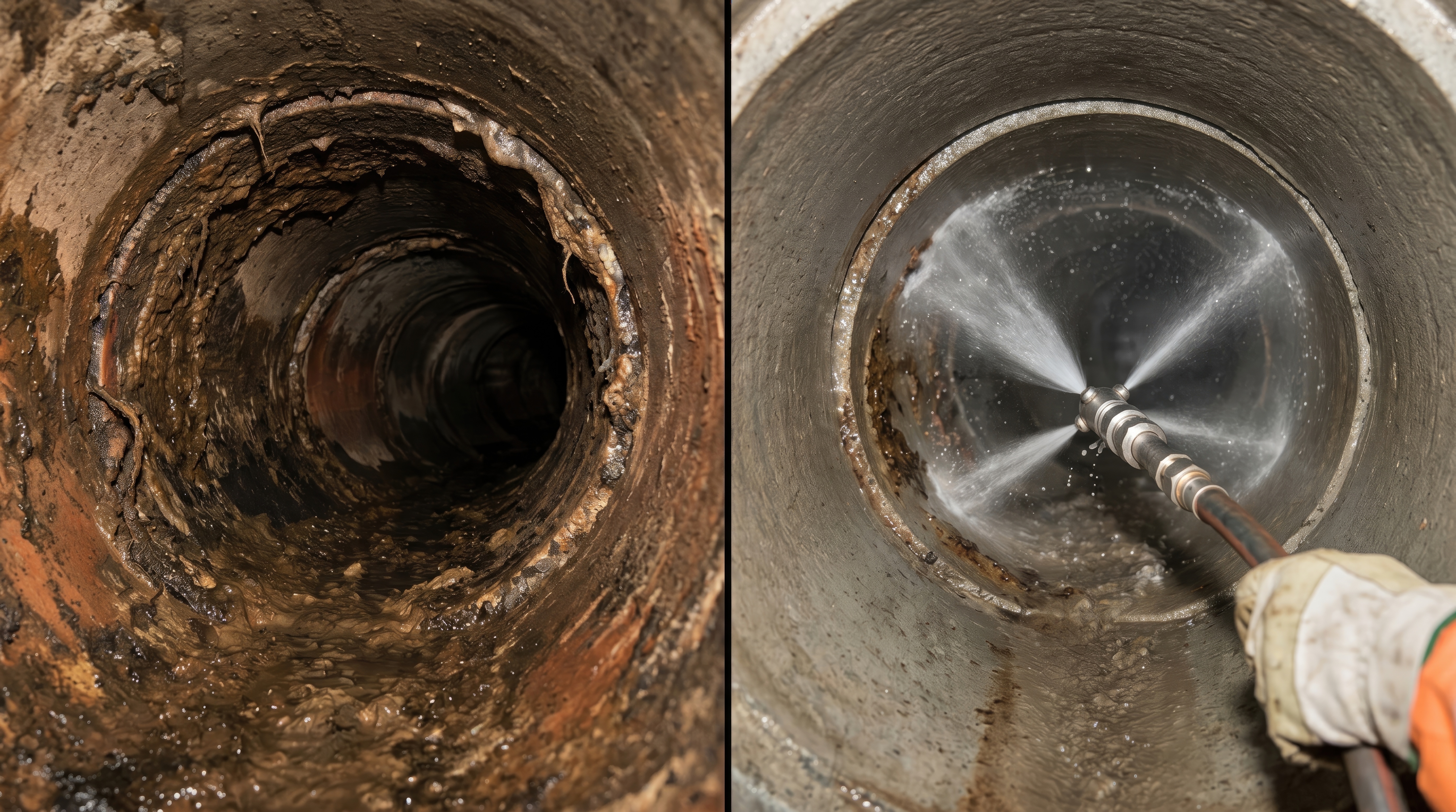 Maintenance severed main sewer pipe hydro jet cleaning concept. Before and after pipe cleaning, showcasing significant transformation and restoration. hydro jetting BETTER THAN REPEATED DRAIN CLEANING